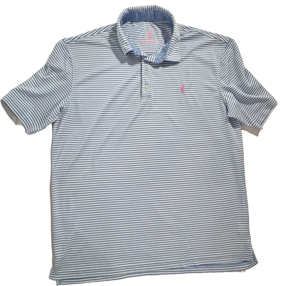 Johnnie-O Prep-Formance Polo Men's Large Blue/White Stripe Golf Preppy Pink Logo